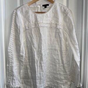 J.Crew White Linen Long Sleeve Shirt Sz 8T Pom Pom Trim Feminine Beachy Dainty